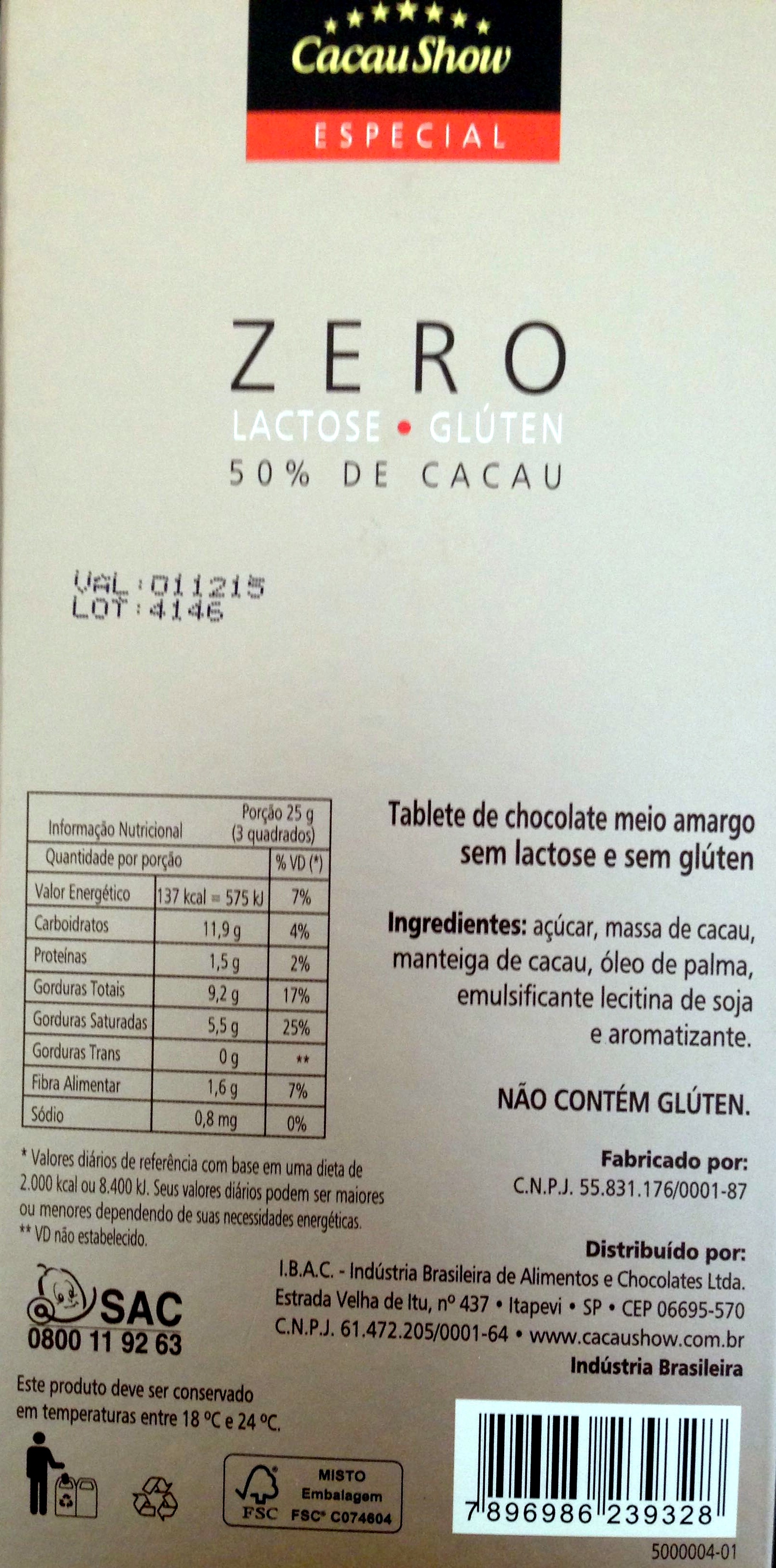 Chocolate Cacau Show zero 50% de cacau